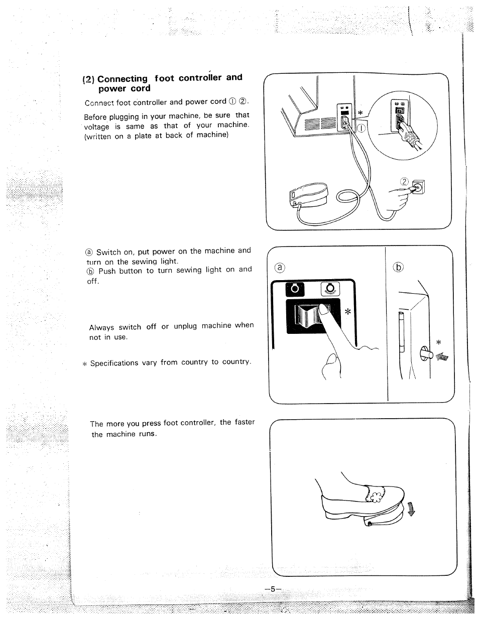 2) connecting foot controller and power cord, 2) connecting foot controller and power cord,.1 | SINGER W1710 User Manual | Page 8 / 53