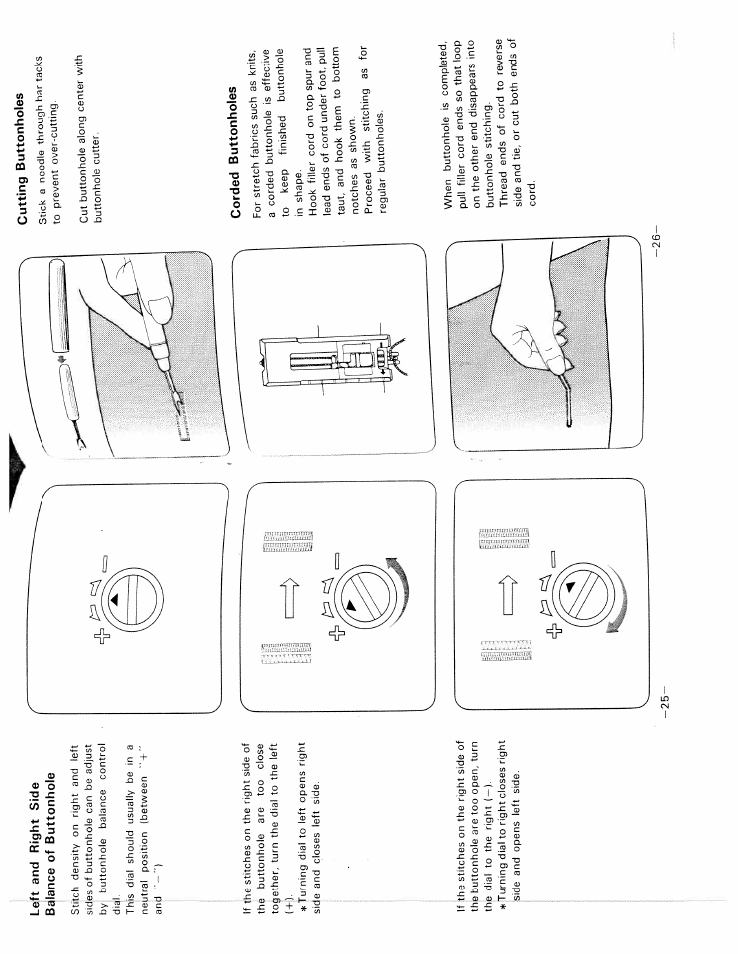 Left and right side bajlance of buttonhole, Corded buttonholes, Left and right side balance of buttonhole | SINGER W1717 User Manual | Page 16 / 27