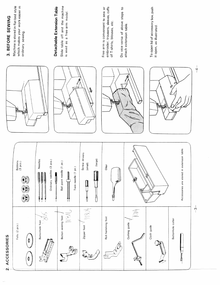 Before sewing, Detachable extension table, Detaching extension | Table | SINGER W1717 User Manual | Page 5 / 27