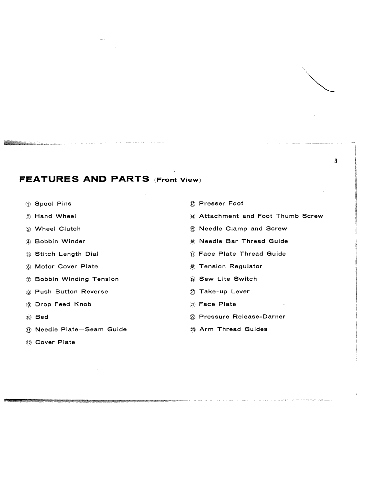 Features and parts (front view), Features and parts | SINGER W173 User Manual | Page 4 / 35