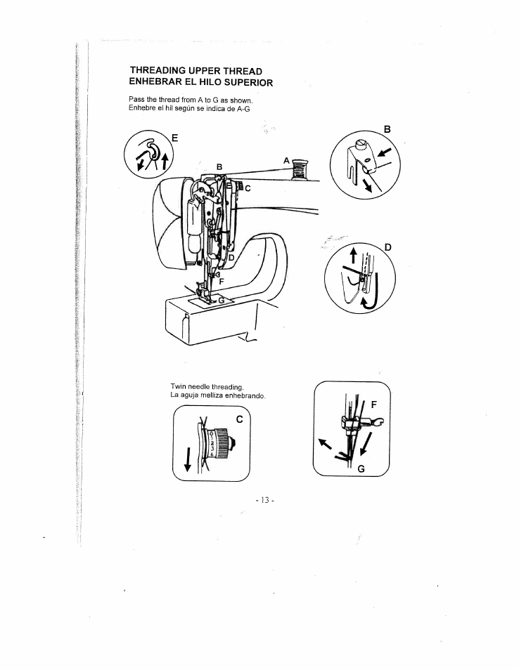 Threading upper thread enhebrar el hilo superior | SINGER W1735 User Manual | Page 13 / 36