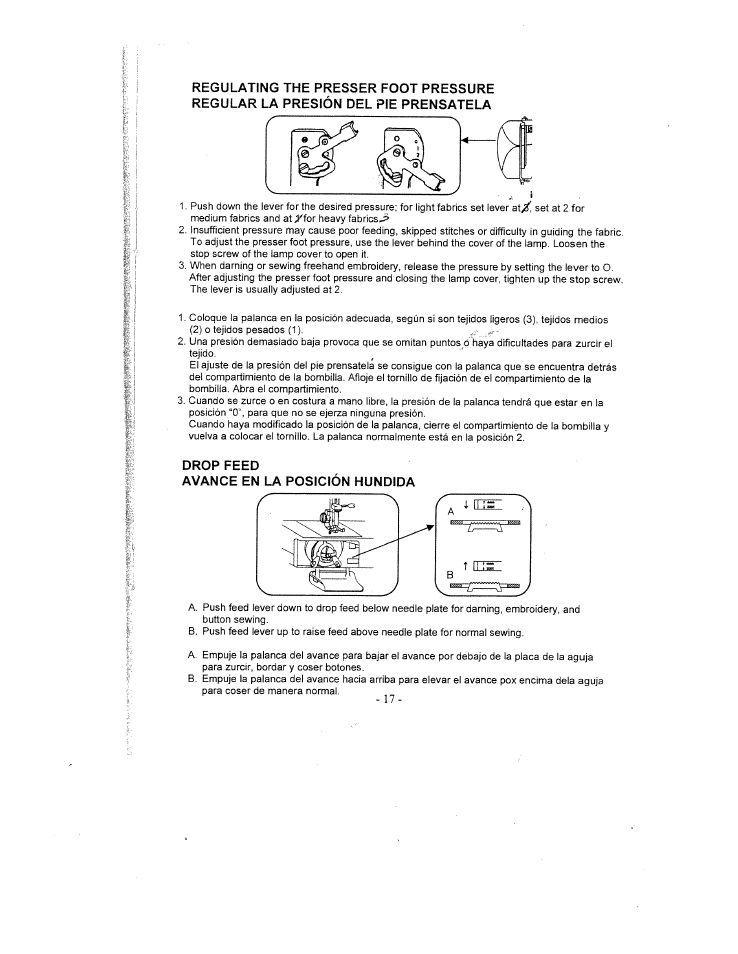 Drop feed, Avance en la posición hundida | SINGER W1735 User Manual | Page 17 / 36