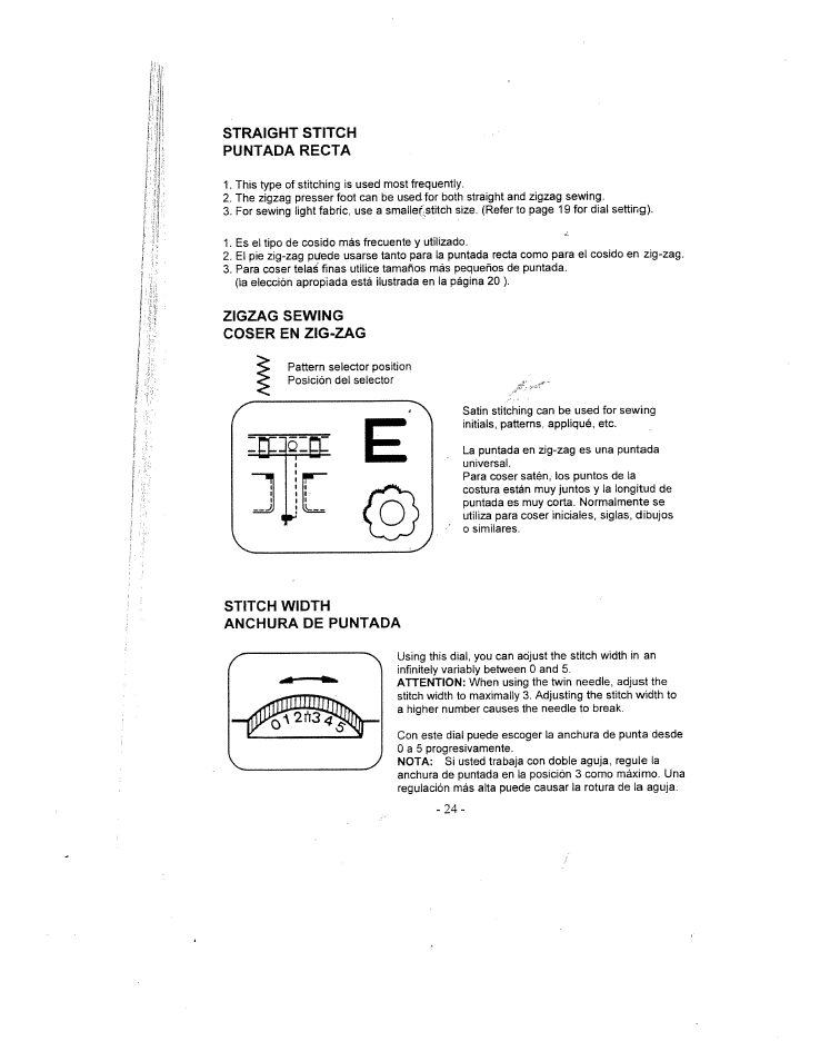 Straight stitch puntada recta, Zigzag sewing coser en zig-zag, Stitch width anchura de puntada | SINGER W1735 User Manual | Page 24 / 36