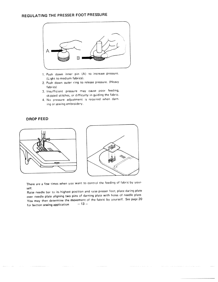 Regulating the presser foot pressure, Drop feed | SINGER W1744 User Manual | Page 15 / 32