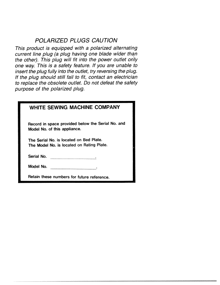 White sewing machine company, Polarized plugs caution | SINGER W1750 User Manual | Page 2 / 31