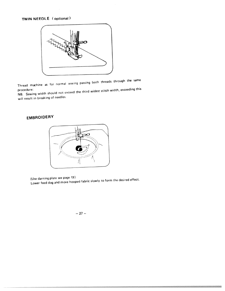 Twin needle (optional), Embroidery | SINGER W1750 User Manual | Page 30 / 31
