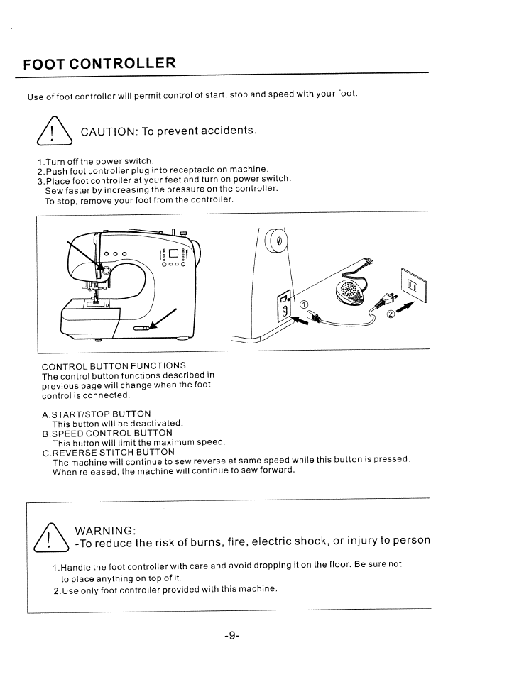 Foot controller | SINGER W1750C User Manual | Page 11 / 36