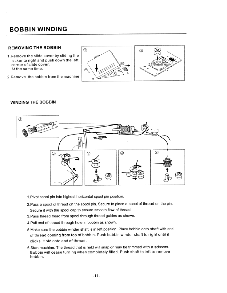Bobbin winding, Removing the bobbin, Winding the bobbin | SINGER W1750C User Manual | Page 13 / 36