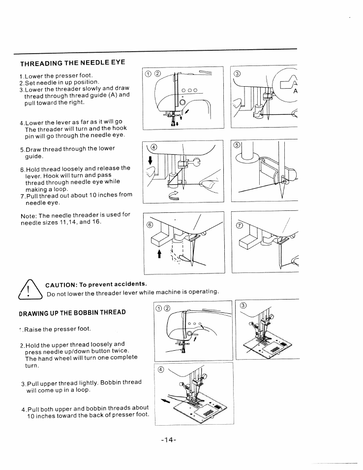 Threading the needle eye, Drawing up the bobbin thread | SINGER W1750C User Manual | Page 16 / 36