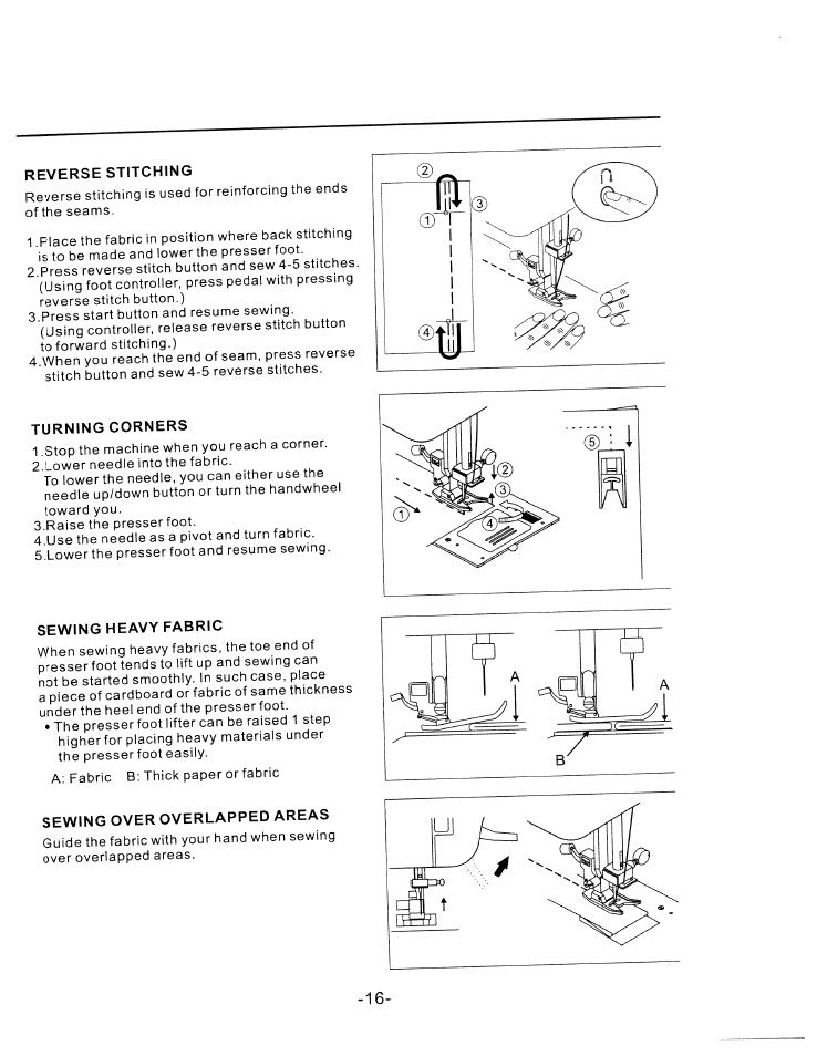 Reverse stitching, Turning corners, Sewing heavy fabric | Sewing over overlapped areas | SINGER W1750C User Manual | Page 18 / 36