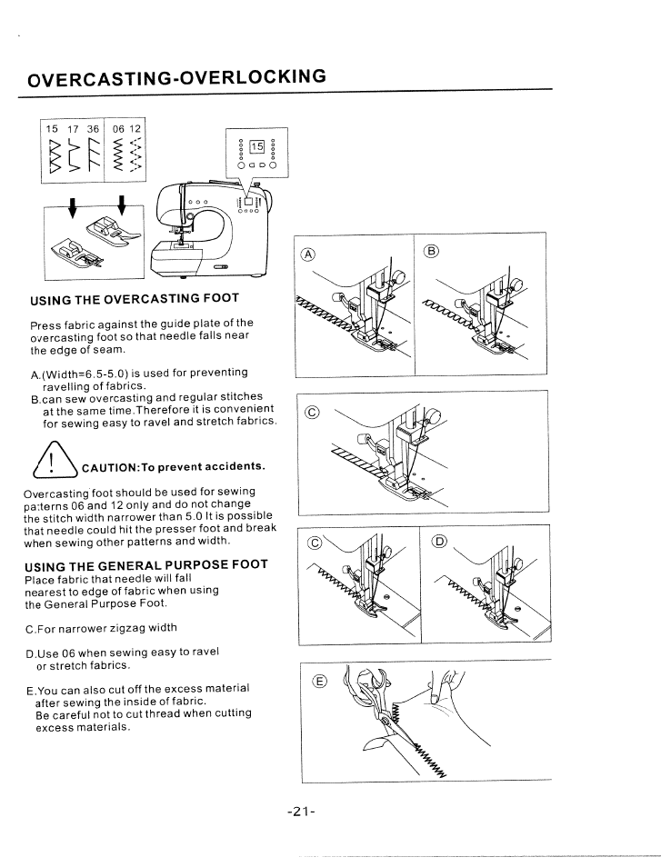 Overcasting-overlocking, Using the general purpose foot, Overcasting-overlocking i | Using the general purpose foot -) | SINGER W1750C User Manual | Page 23 / 36