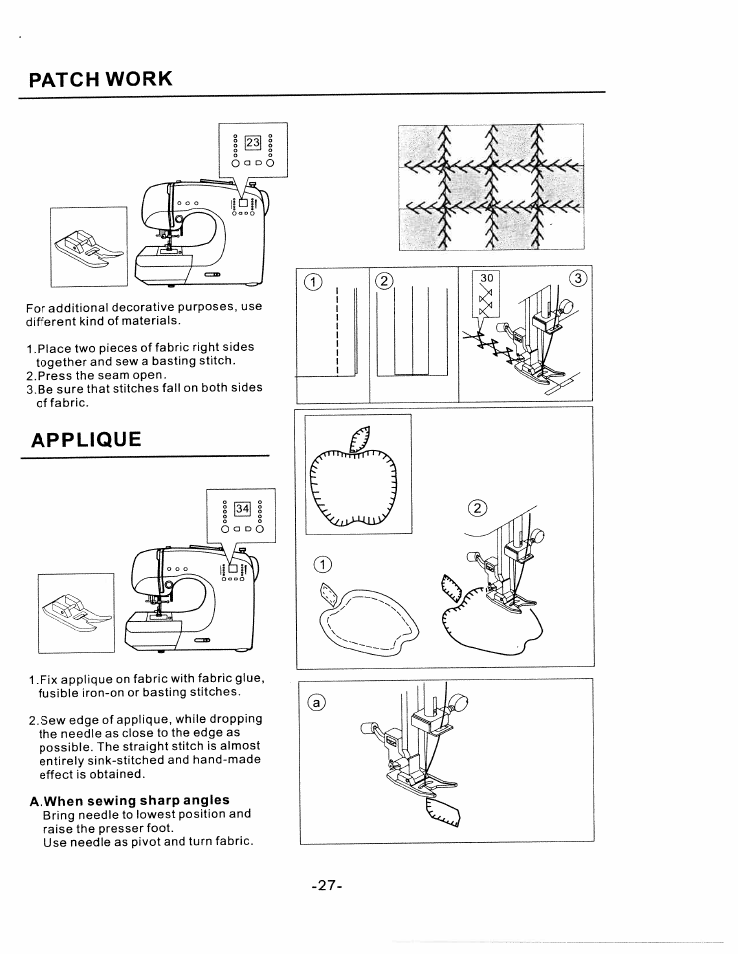 Patch work, A.when sewing sharp angles, Patch work applique | SINGER W1750C User Manual | Page 29 / 36