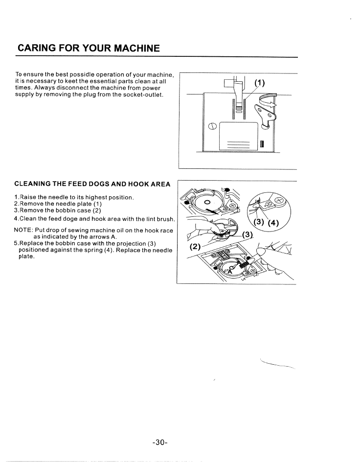 Caring for your machine, Cleaning the feed dogs and hook area | SINGER W1750C User Manual | Page 32 / 36