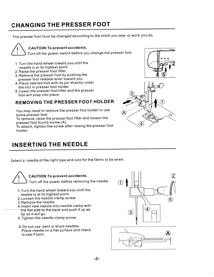 Changing the presser foot, Inserting the needle | SINGER W1750C User Manual | Page 8 / 36