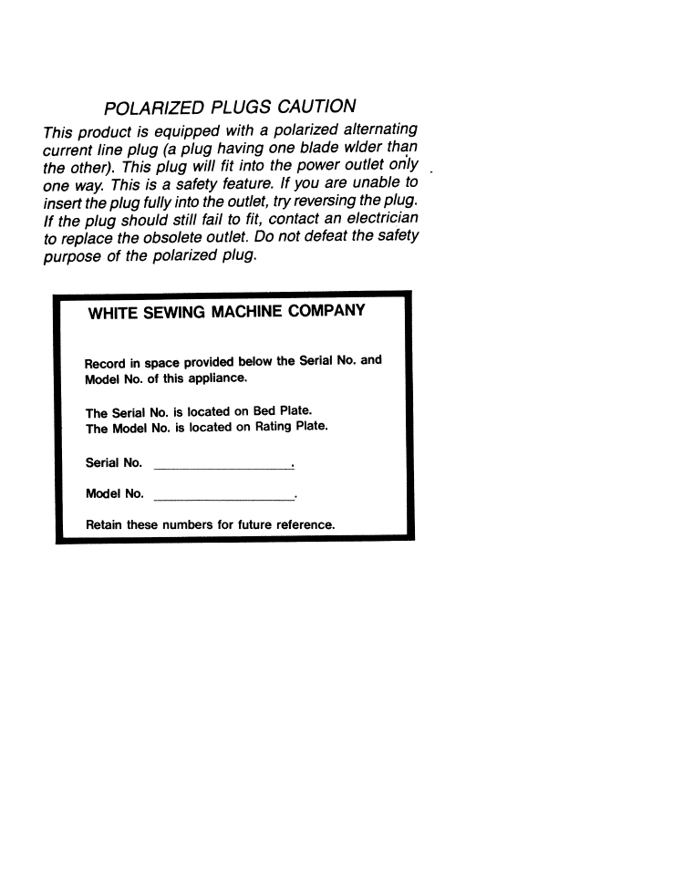 Polarized plugs caution | SINGER W1755 User Manual | Page 2 / 34