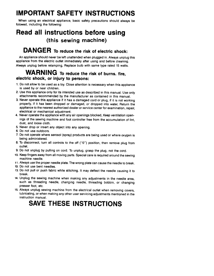 Important safety instructions, Read all instructions before using, This sewing machine) | Save these instructions, Danger, Warning | SINGER W1755 User Manual | Page 3 / 34
