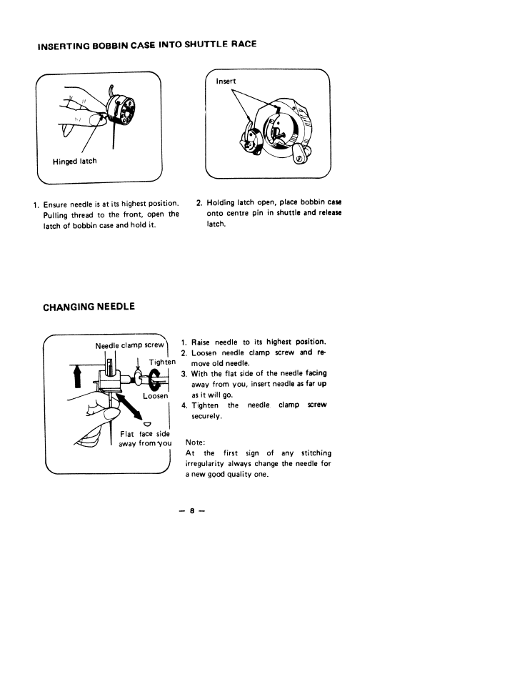 Inserting bobbin case into shuttle race, Changing needle | SINGER W1766 User Manual | Page 13 / 33