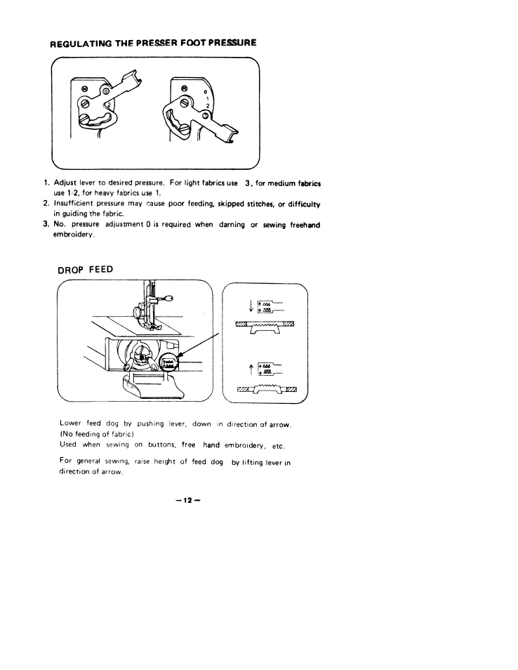 Regulating the presser foot pressure, Drop feed | SINGER W1766 User Manual | Page 17 / 33