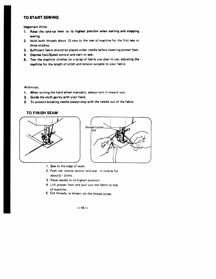 To start sewing, To finish seam | SINGER W1766 User Manual | Page 20 / 33