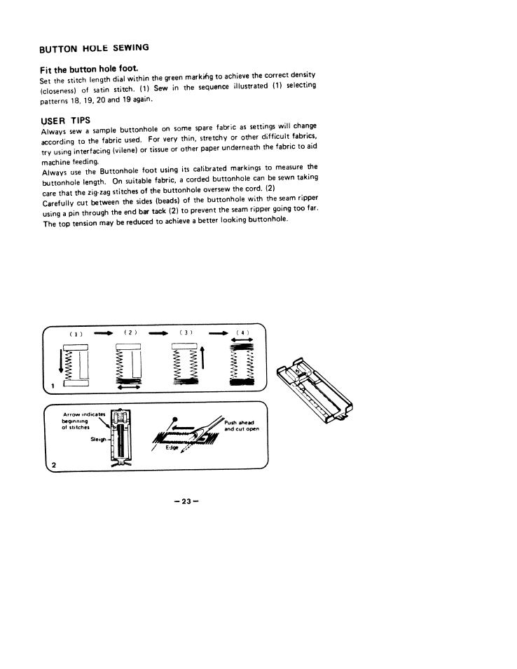 Button hole sewing fit the button hole foot, User tips | SINGER W1766 User Manual | Page 28 / 33