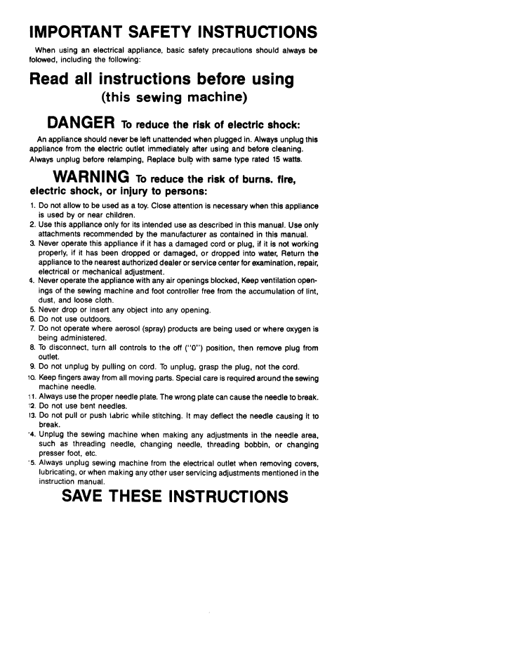Important safety instructions, Read all instructions before using, Danger | Warning, Save these instructions, This sewing machine) | SINGER W1766 User Manual | Page 3 / 33