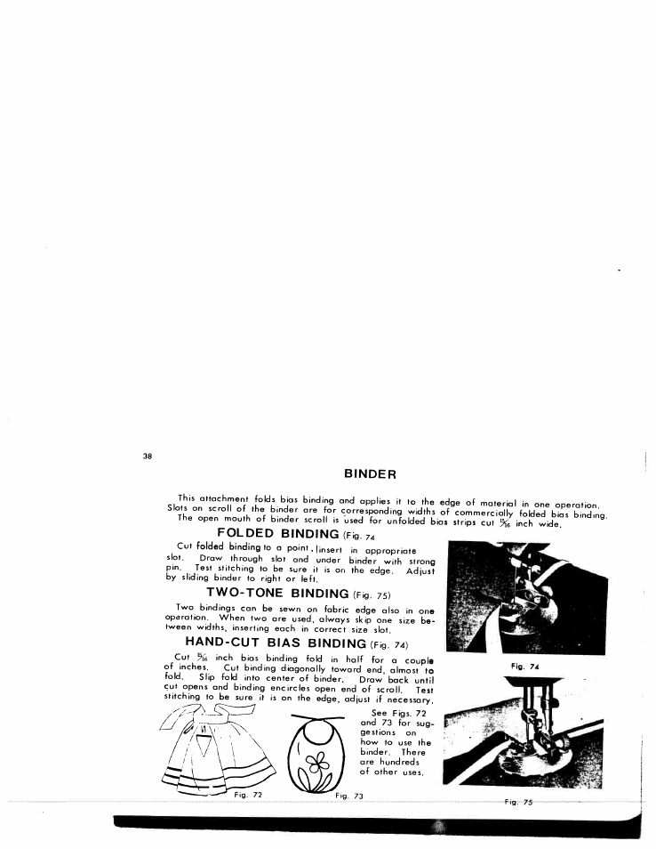 Binder, Folded binding (fig 74, Two-tone binding (fig 75) | Folded binding, Two-tone binding, Hand-cut bias binding, Ftgr-73 | SINGER W1776 User Manual | Page 39 / 50