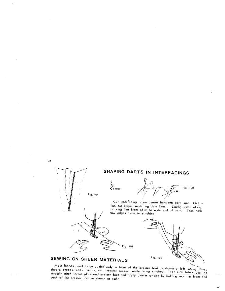 Shaping darts in interfacings, Sewing on sheer materials | SINGER W1776 User Manual | Page 47 / 50