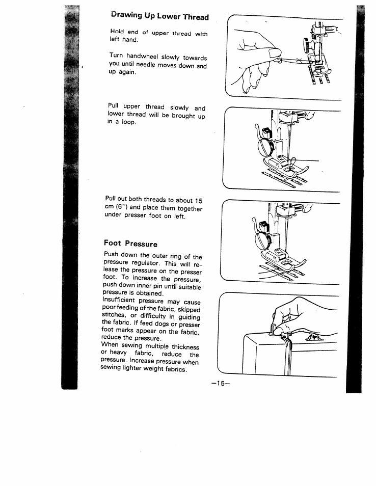 Drawing up lower thread, Foot pressure | SINGER W1777 User Manual | Page 17 / 50