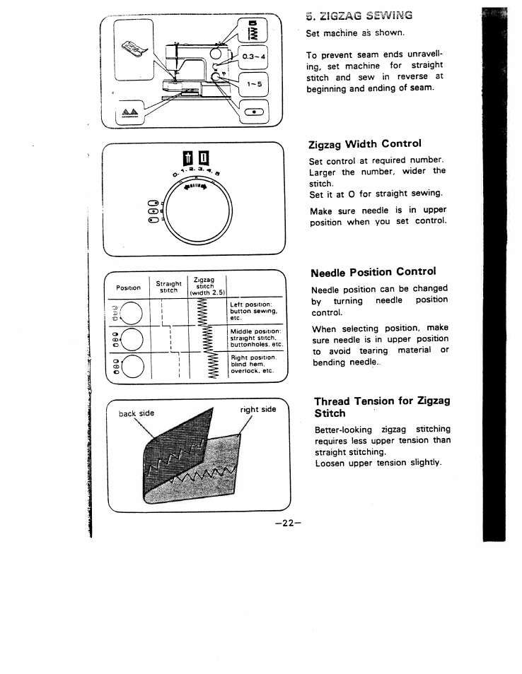 Zigzag width control, Needle position control, Thread tension for zigzag stitch | SINGER W1777 User Manual | Page 24 / 50