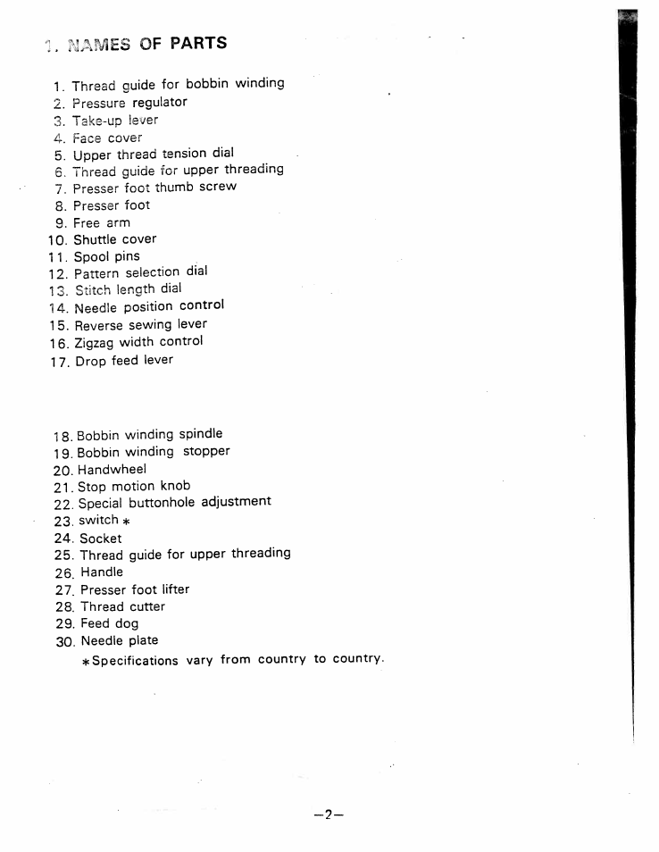 I. mames of parts, Mames, Of parts | SINGER W1777 User Manual | Page 4 / 50