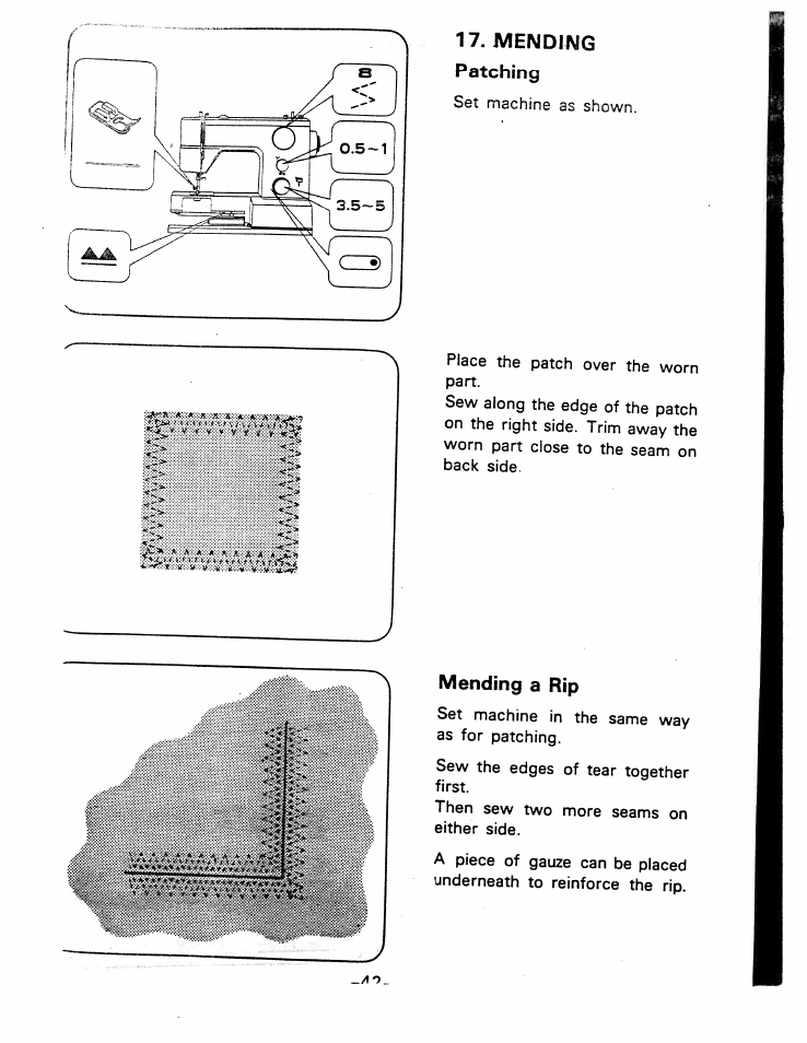 Iv!endiwg, Patching, Mending a rip | Lilliiiliiiliiilii, Iv!endiwg patching | SINGER W1777 User Manual | Page 44 / 50