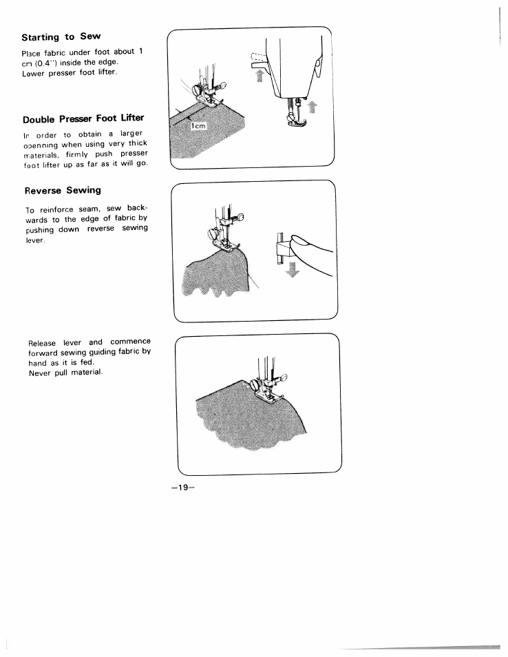 Starting to sew, Double prefer foot lifter, Reverse sewing | Reverse sowing | SINGER W1805 User Manual | Page 24 / 48