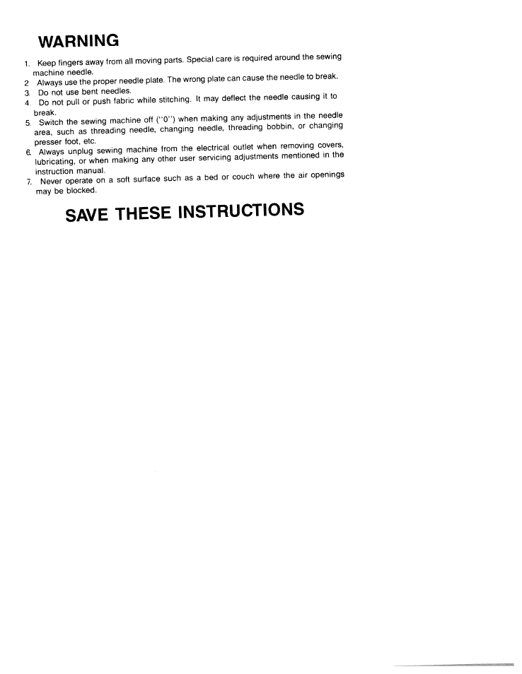Warning, Save these instructions | SINGER W1805 User Manual | Page 4 / 48