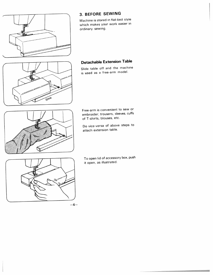 Before sewing, Detachable extension table, Detachable extension table............. cord | SINGER W1805 User Manual | Page 9 / 48