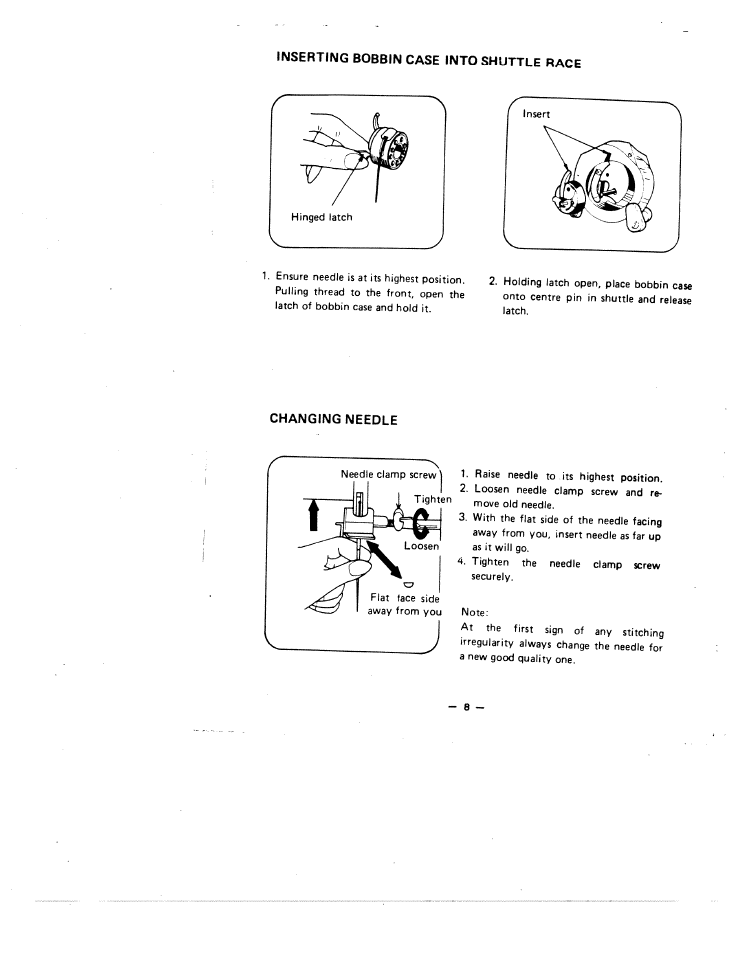 Inserting bobbin case into shuttle race, Changing needle | SINGER W1855 User Manual | Page 12 / 32