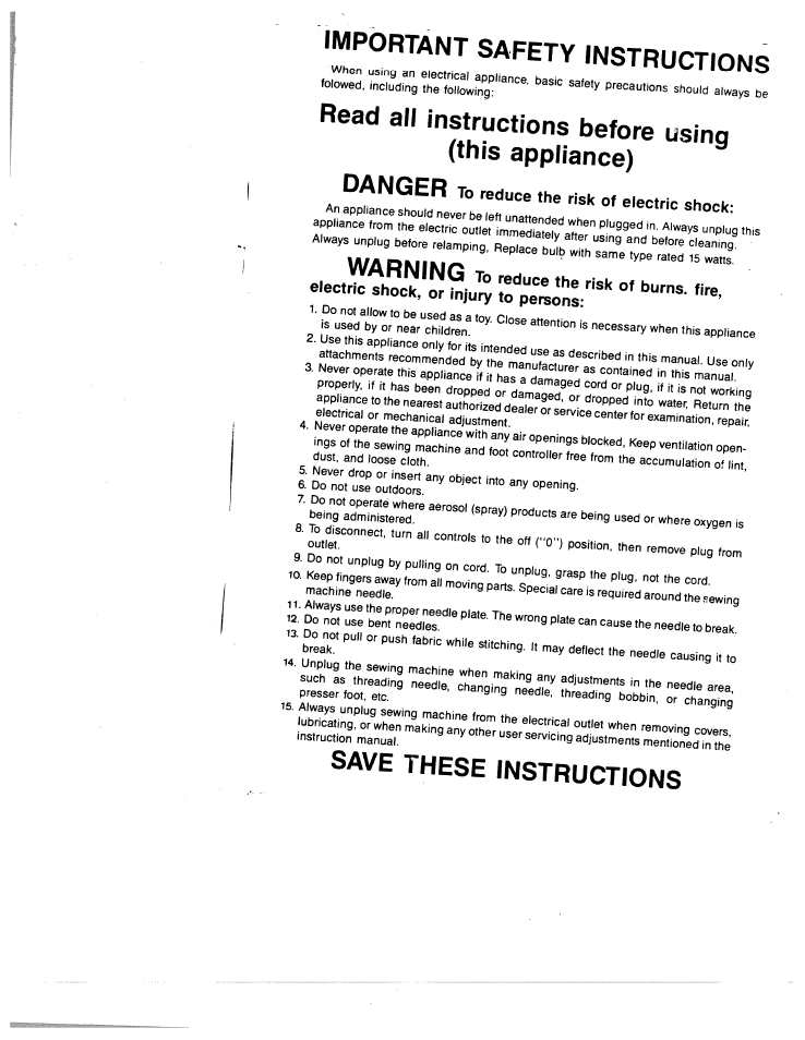 Important safety instructions, Electric shock, Rr—r:s | Save these instructions, Bsr;lrsrr | SINGER W1855 User Manual | Page 2 / 32