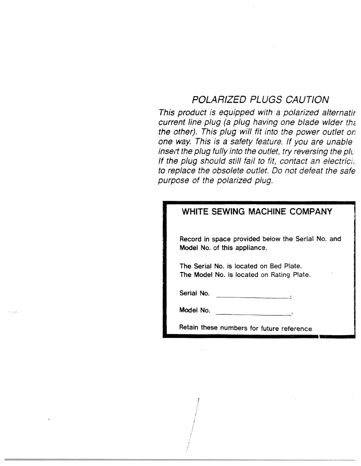 Polarized plugs caution | SINGER W1866 User Manual | Page 2 / 34