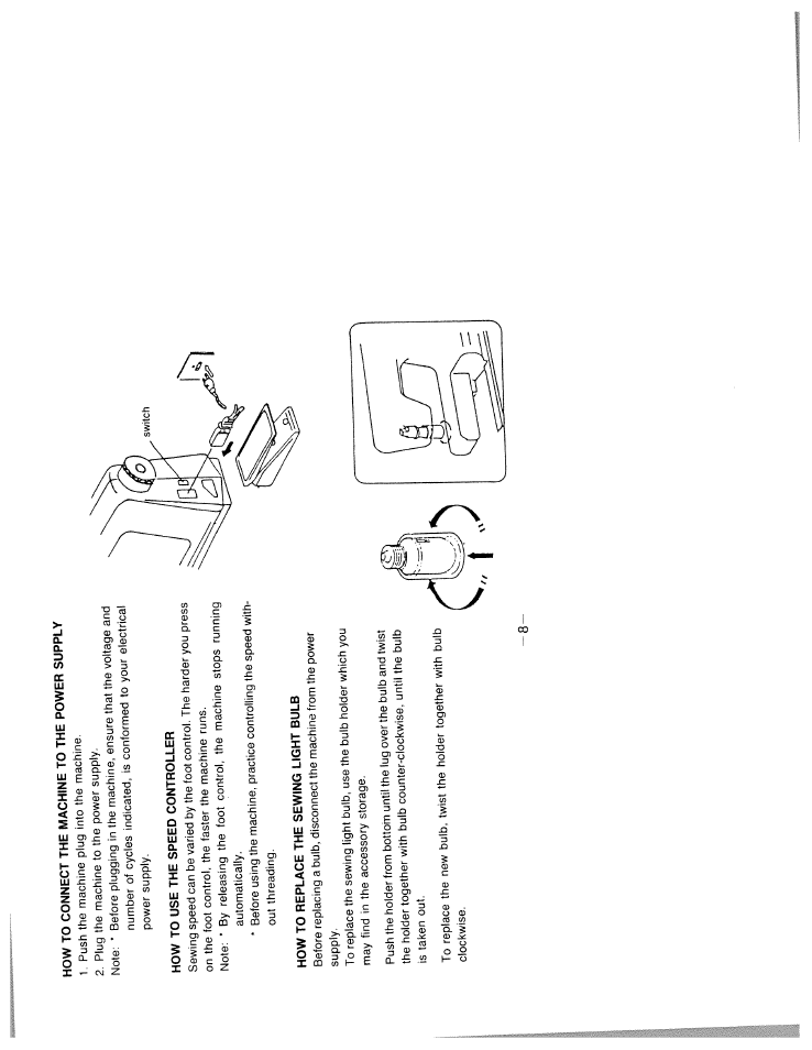 How to connect the machine to the power supply, How to use the speed controller, How to replace the sewing light bulb | SINGER W1911 Quilter's Friend User Manual | Page 10 / 37