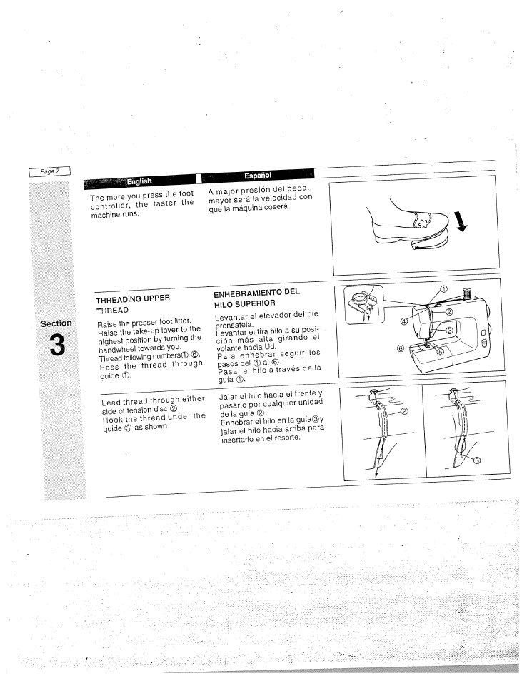 English, Threading upper, Enhebrawllento del hilo superior | SINGER W1955 User Manual | Page 13 / 55