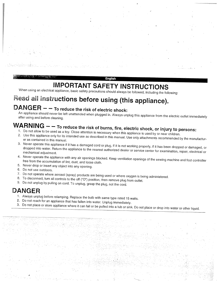 Important safety instructions, Danger | SINGER W1955 User Manual | Page 2 / 55