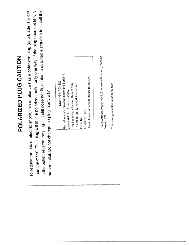 Polarized plug caution | SINGER W1977 User Manual | Page 2 / 62