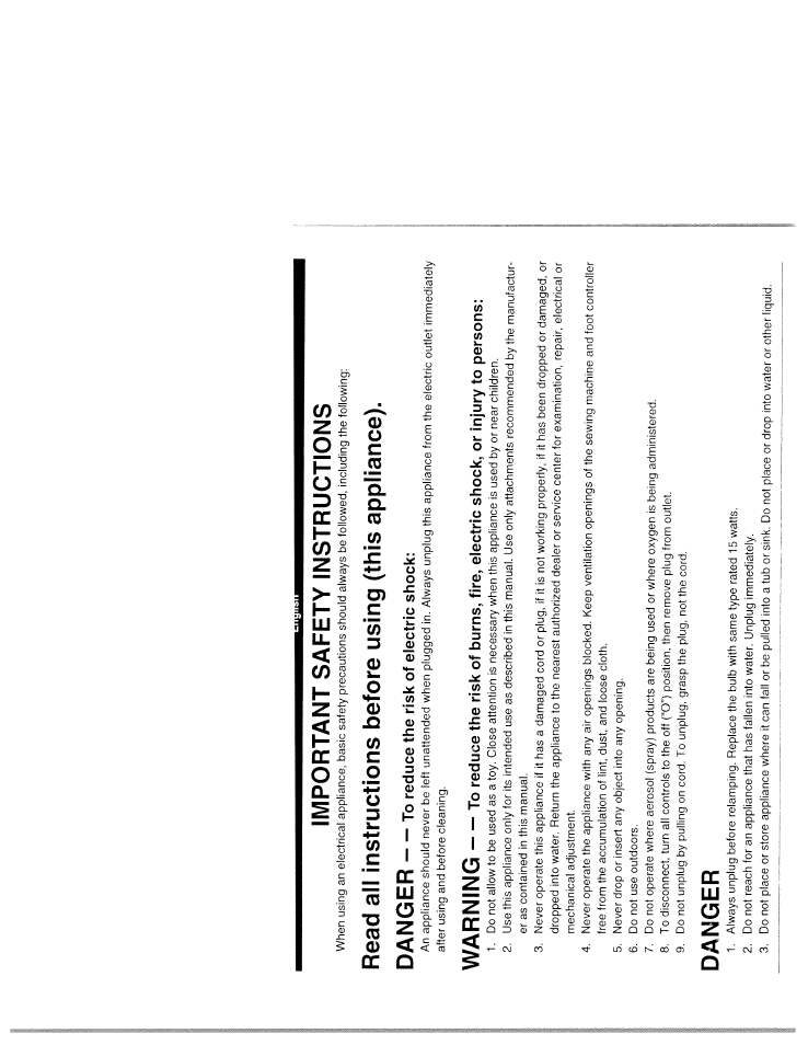 Important safety instructions, Warning, Danger | SINGER W1977 User Manual | Page 3 / 62