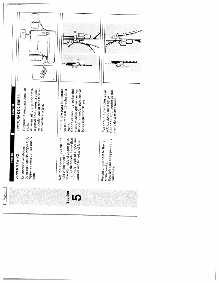 Section, Zipper sewing, Costura de cierres | SINGER W1977 User Manual | Page 46 / 62