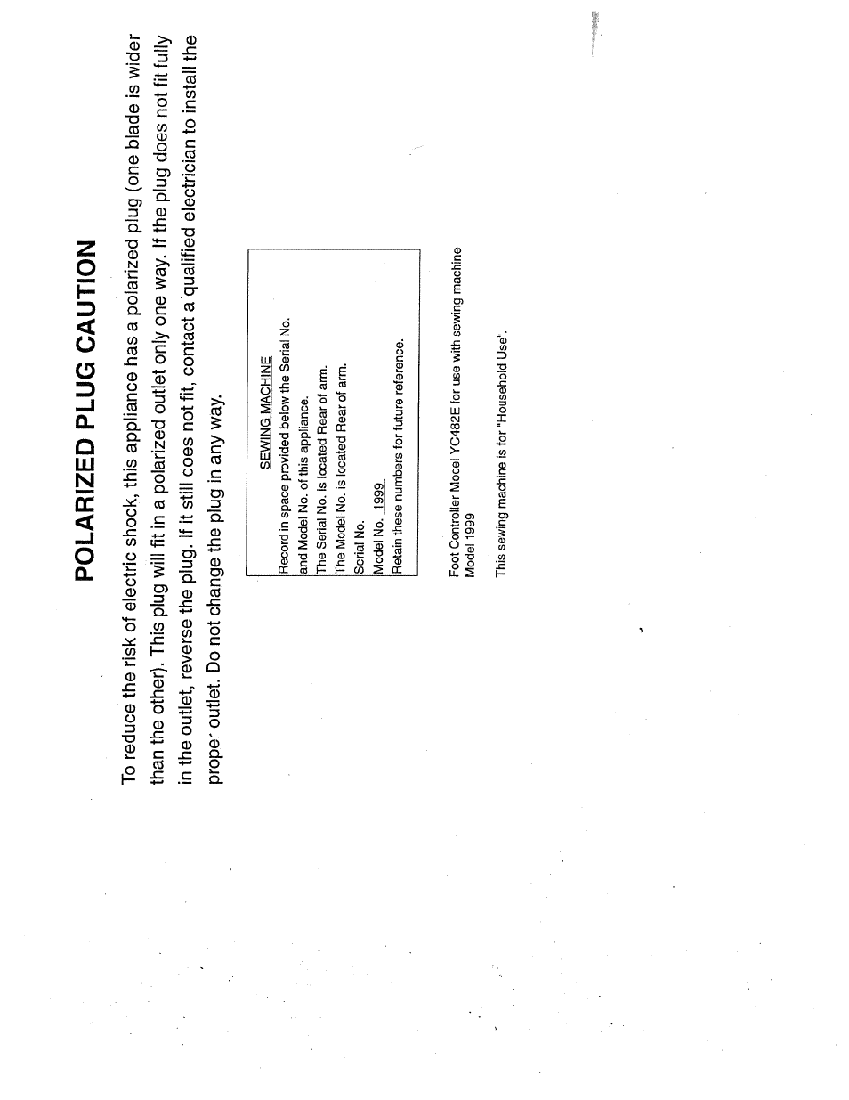 Polarized plug caution | SINGER W1999 User Manual | Page 2 / 67