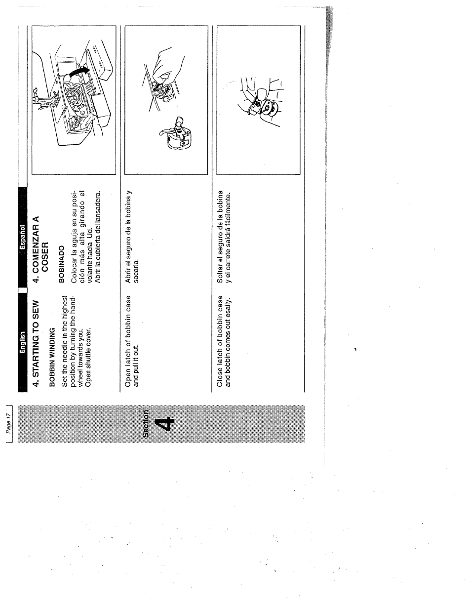 Section, Starting to sew, Bobbin winding | Comenzar a coser, Bobinado | SINGER W1999 User Manual | Page 25 / 67