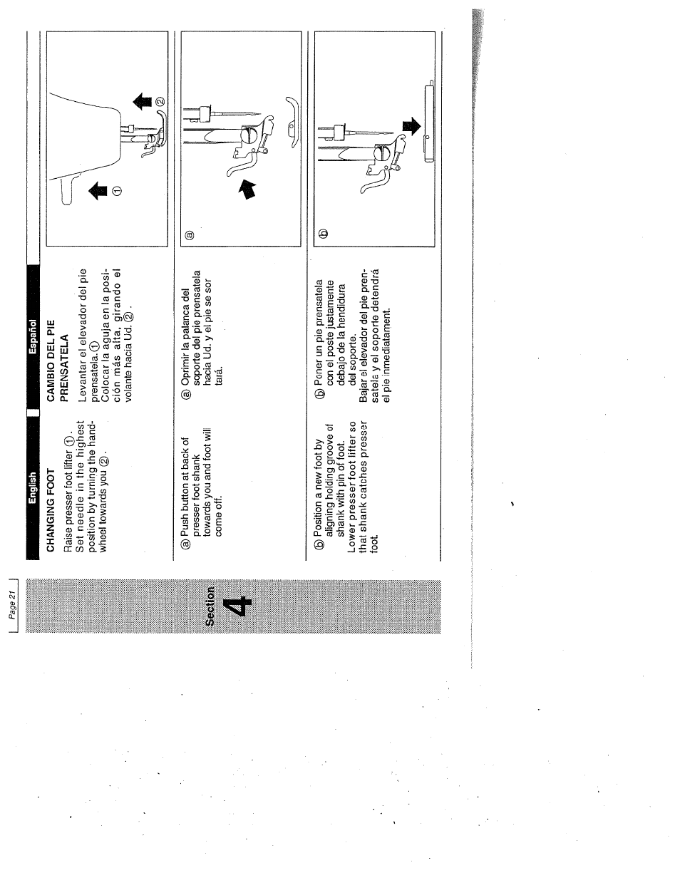 Changing foot, Cambio del pie prensatela | SINGER W1999 User Manual | Page 29 / 67