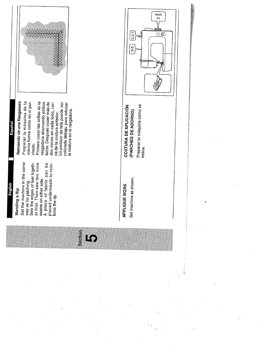 Section, Mending a rip, Remiendo de una rasgadura | Costura de aplicación (parches de adorno) | SINGER W1999 User Manual | Page 53 / 67