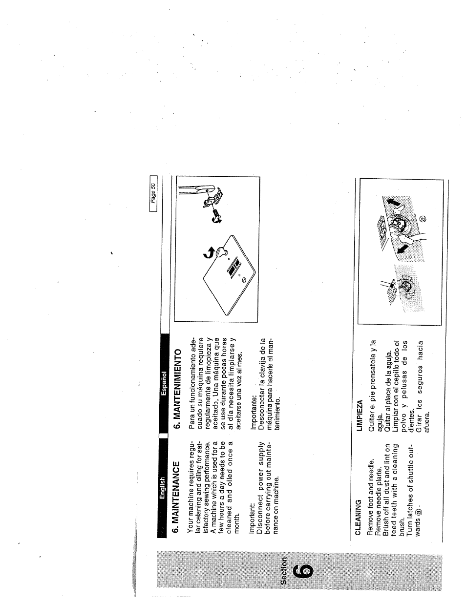 Section, Maintenance, Mantenimiento | Cleaning, Limpieza | SINGER W1999 User Manual | Page 58 / 67