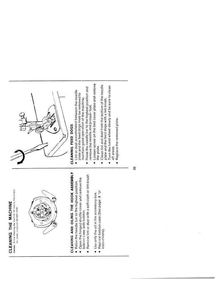 Cleaning and oiling the hook assembly, Cleaning feed dogs | SINGER W211 User Manual | Page 28 / 30