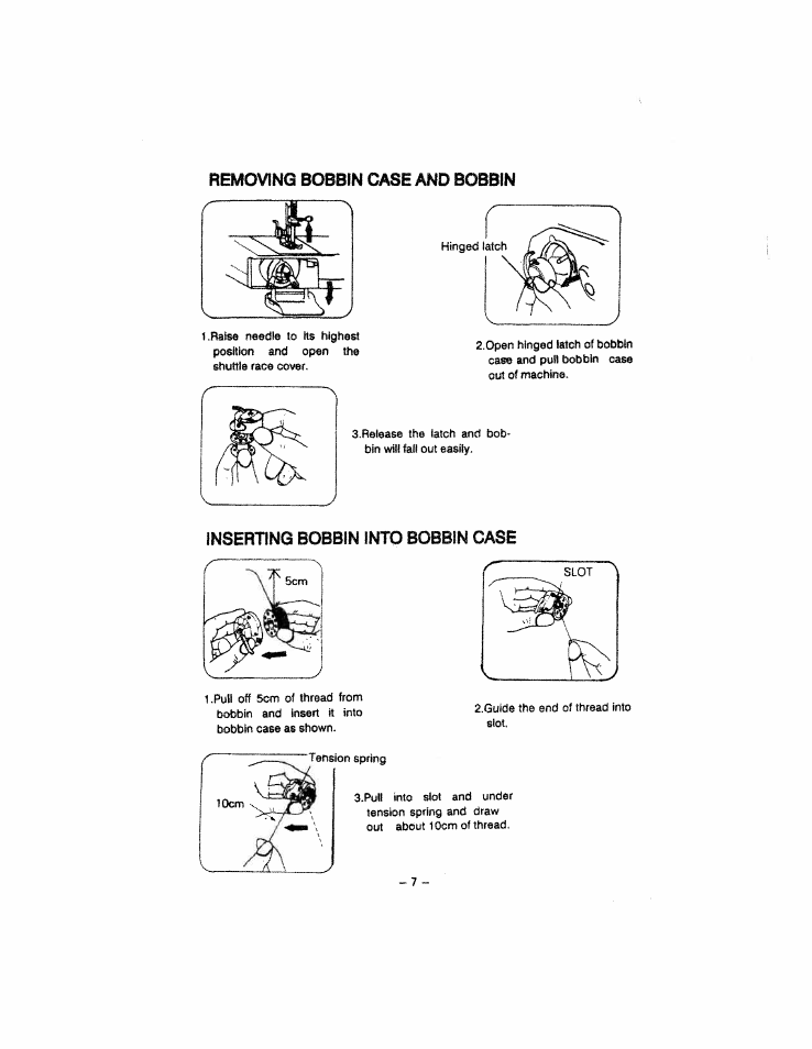 Removing bobbin case and bobbin, Inserting bobbin into bobbin case | SINGER W213 User Manual | Page 11 / 30